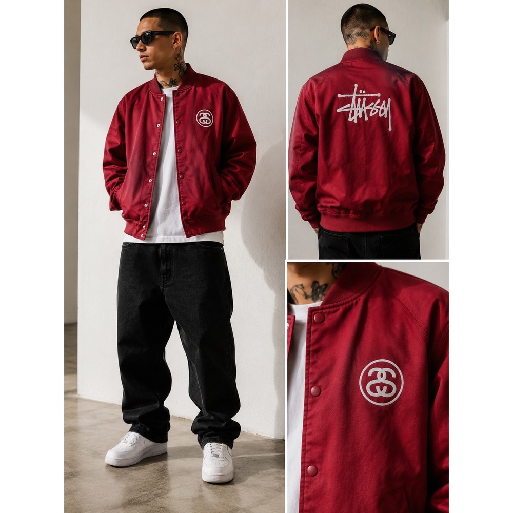 Stussy Mens Red Cotton Twill Bomber Jacket Large Graphic Back Logo